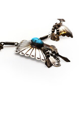 Vintage Sterling Navajo-Style Tasseled Florals and Fans Necklace with Quadrilateral Pendant with Turquoise Gemstone