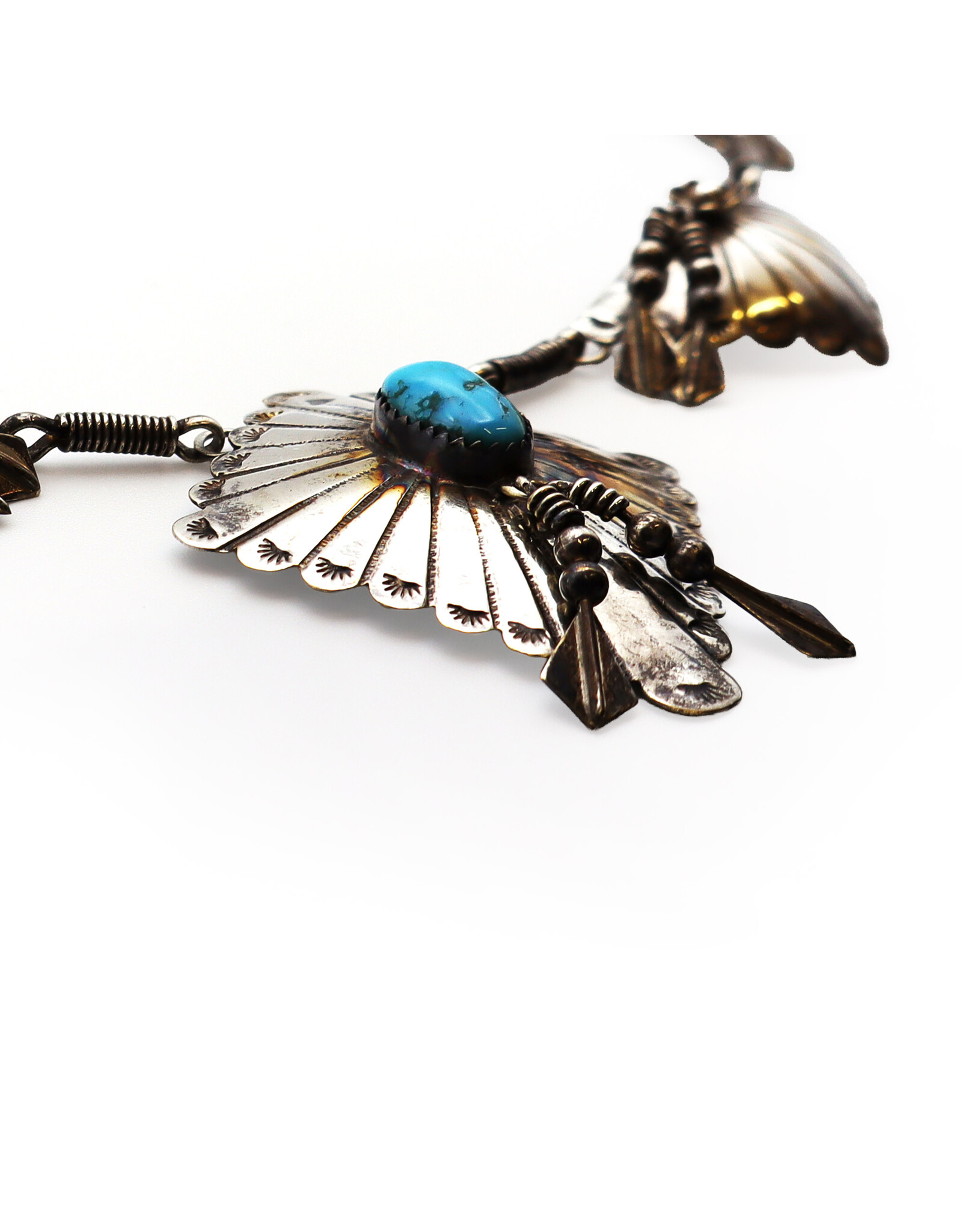 Vintage Sterling Navajo-Style Tasseled Florals and Fans Necklace with Quadrilateral Pendant with Turquoise Gemstone