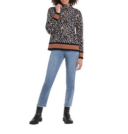 Chandail Sweater à col au cou Noir- Imprimer Leopard