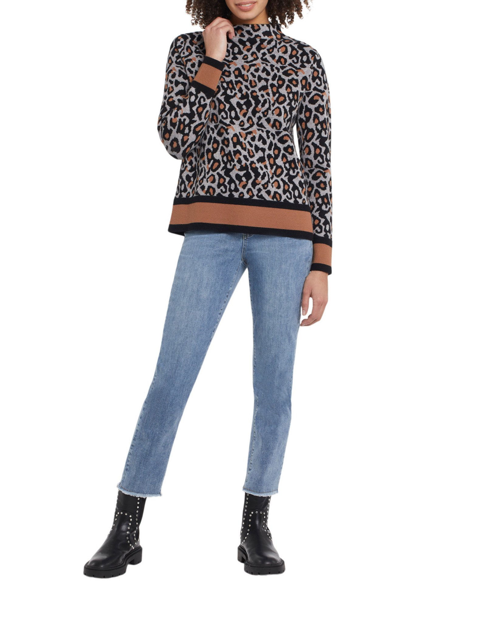 Chandail Sweater à col au cou Noir- Imprimer Leopard