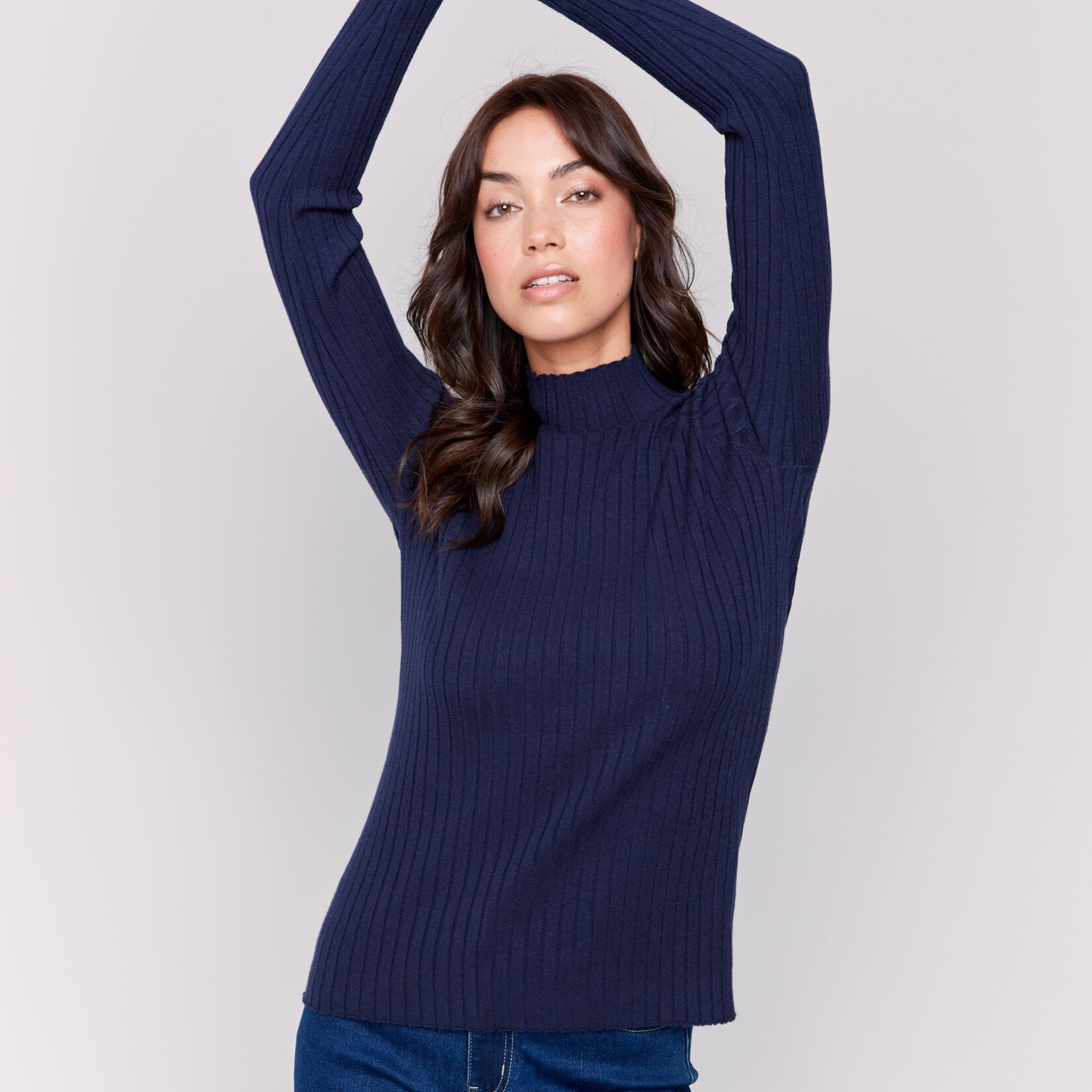 Charlie B Chandail C2754 Mock Neck Basique Cotelé-Marine