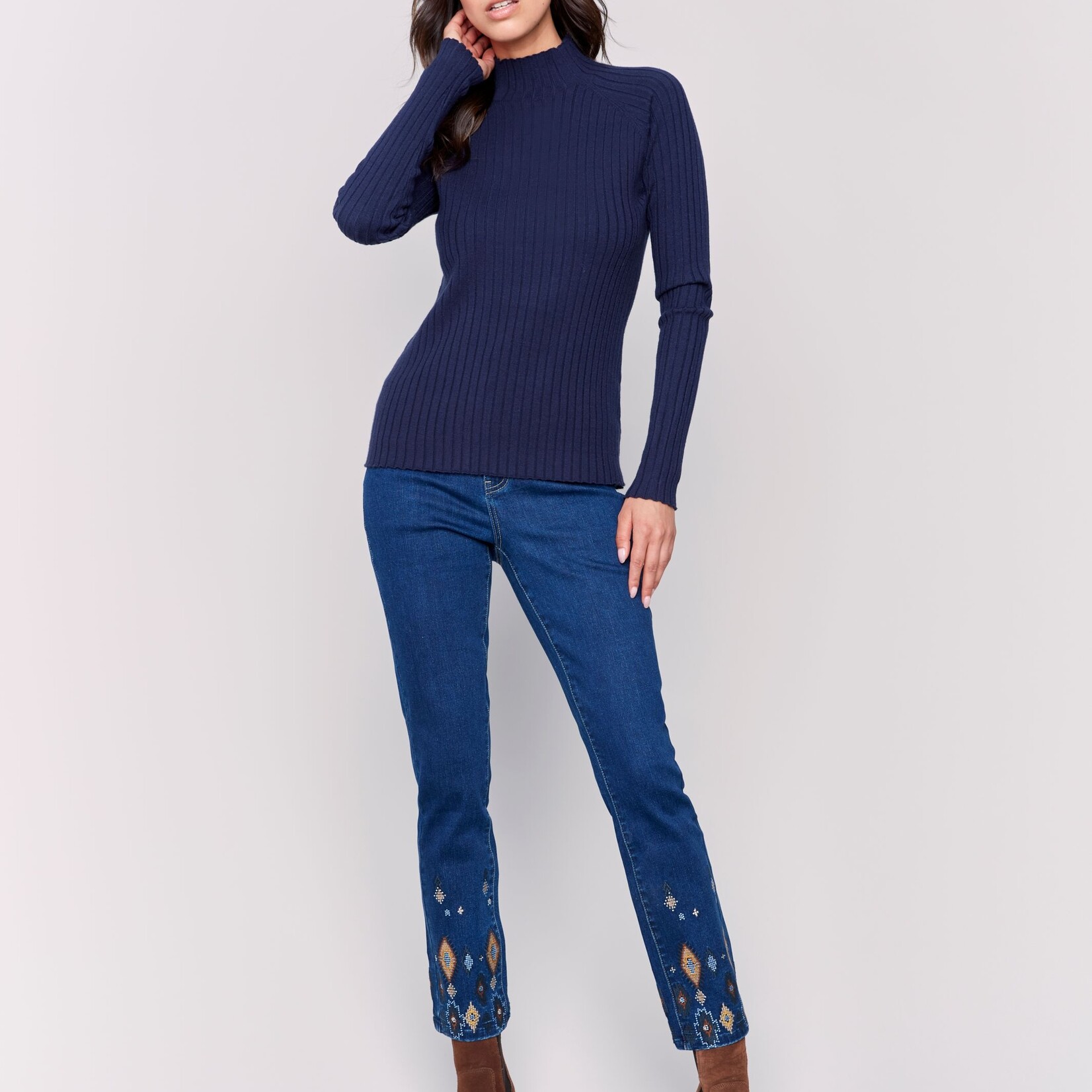 Charlie B Chandail C2754 Mock Neck Basique Cotelé-Marine