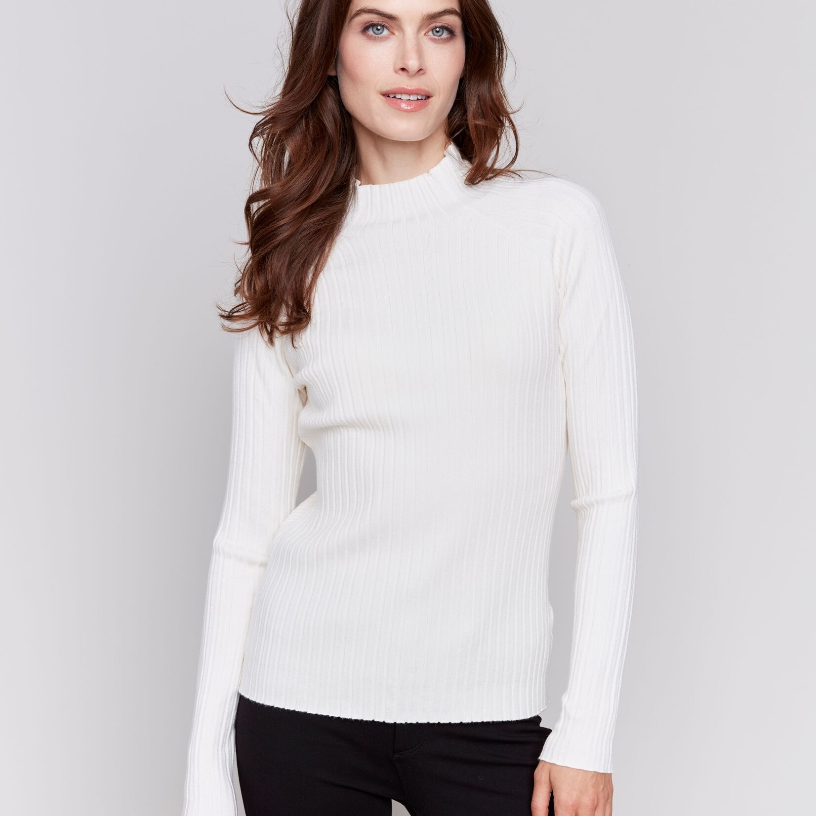 Charlie B Chandail C2754 Mock Neck Basique Cotelé-Écru