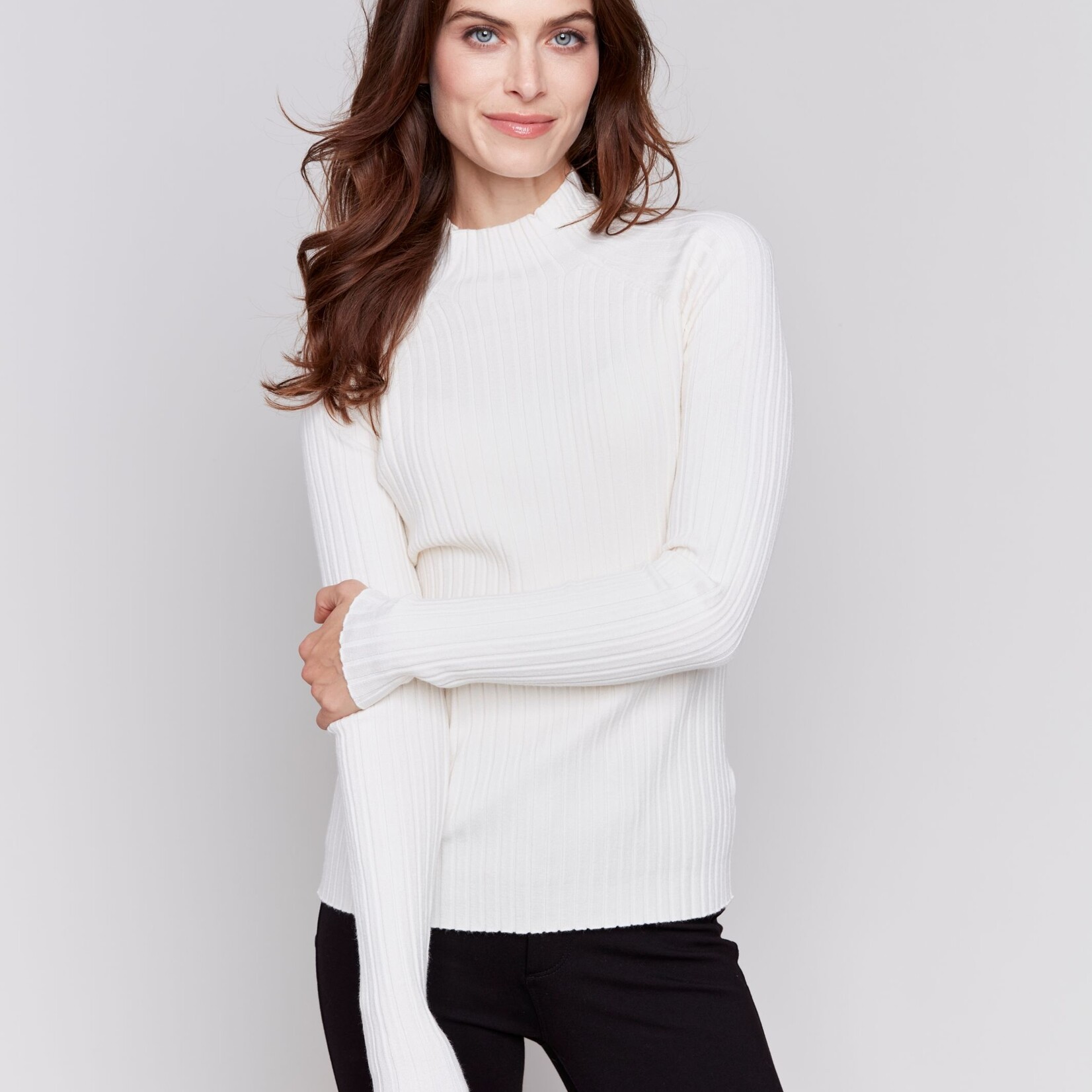 Charlie B Chandail C2754 Mock Neck Basique Cotelé-Écru