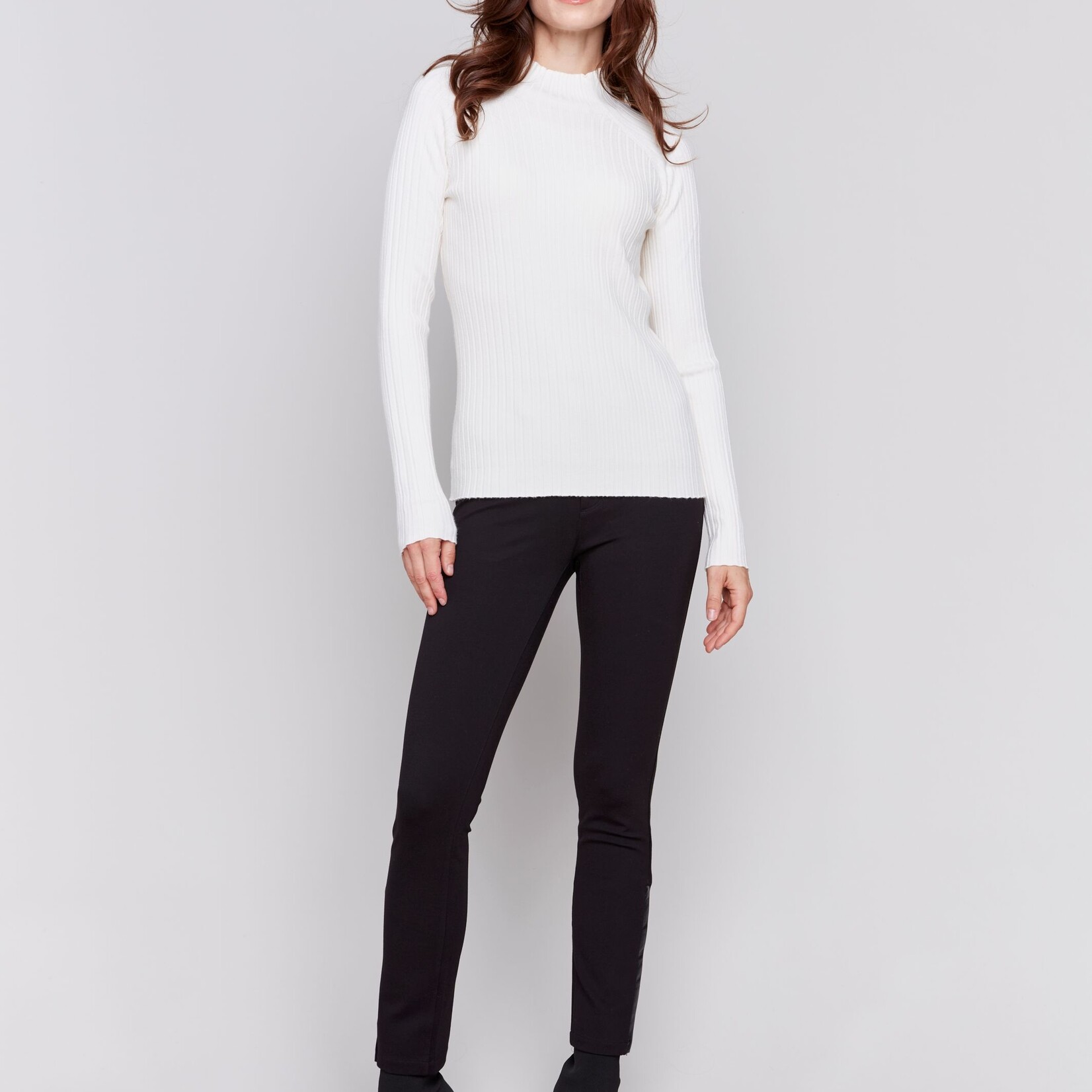 Charlie B Chandail C2754 Mock Neck Basique Cotelé-Écru