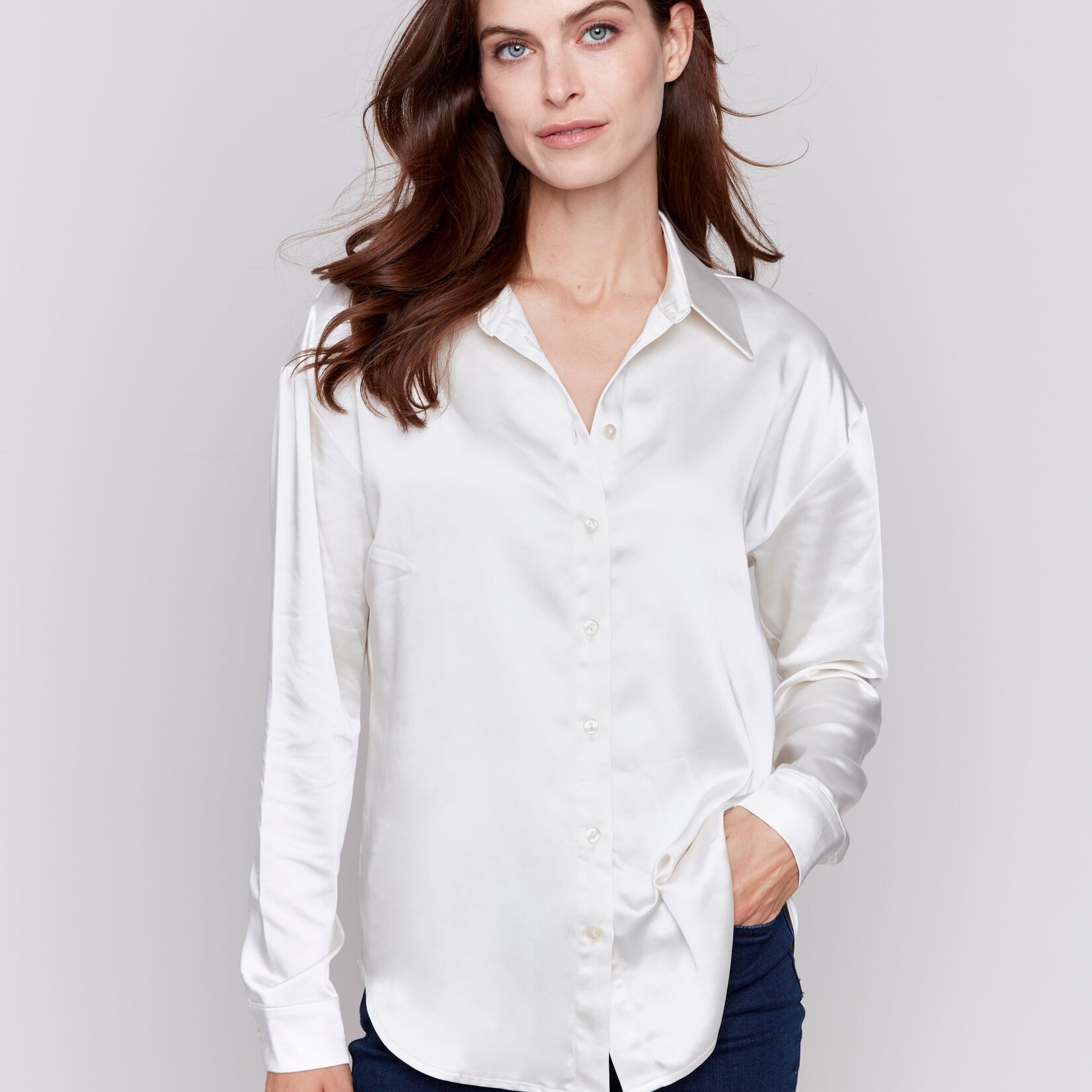 Charlie B Chemise C4489R En Satin-Écru