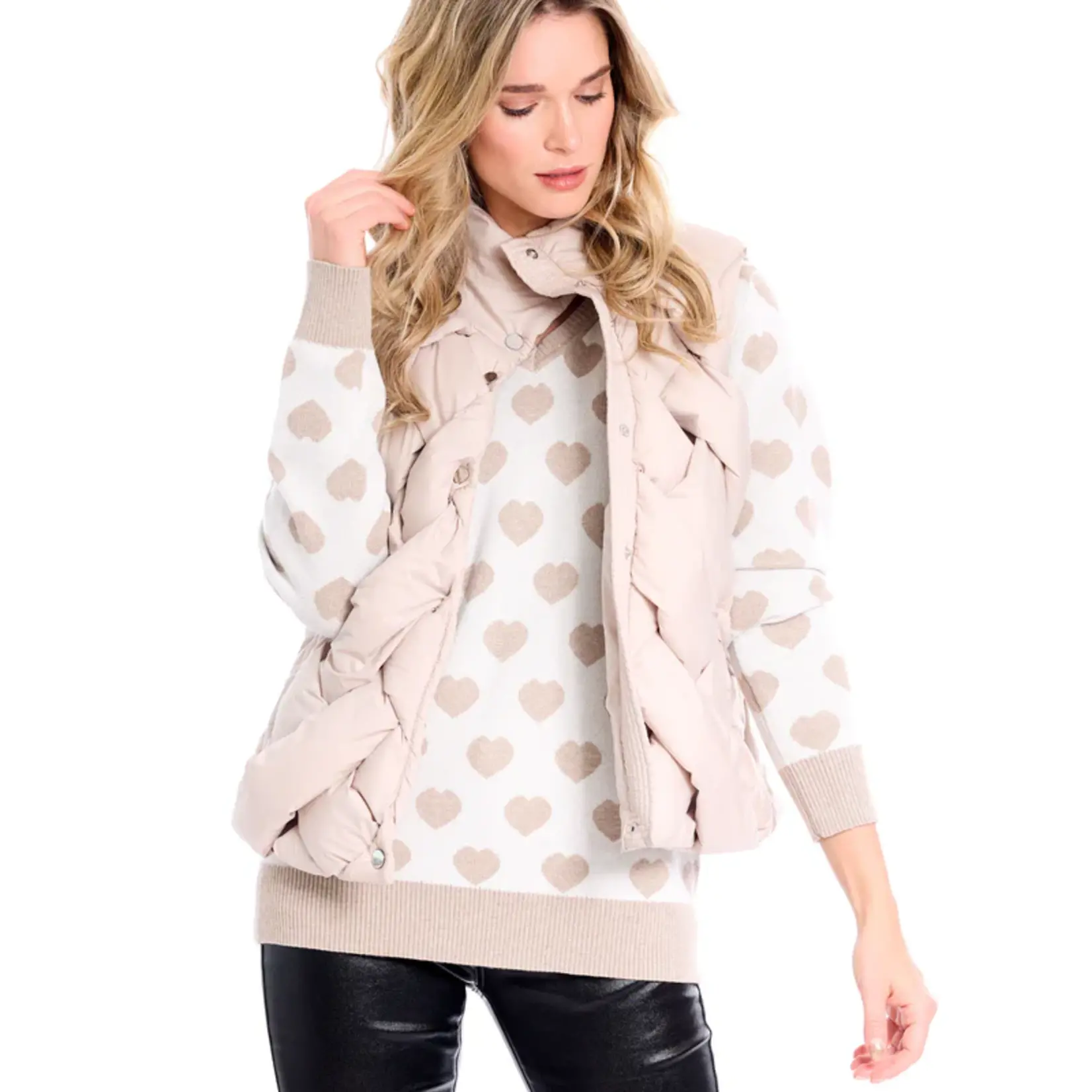 Furlux Chandail beige avec  coeurs  métaliques dorés Fuz-509 - Sand