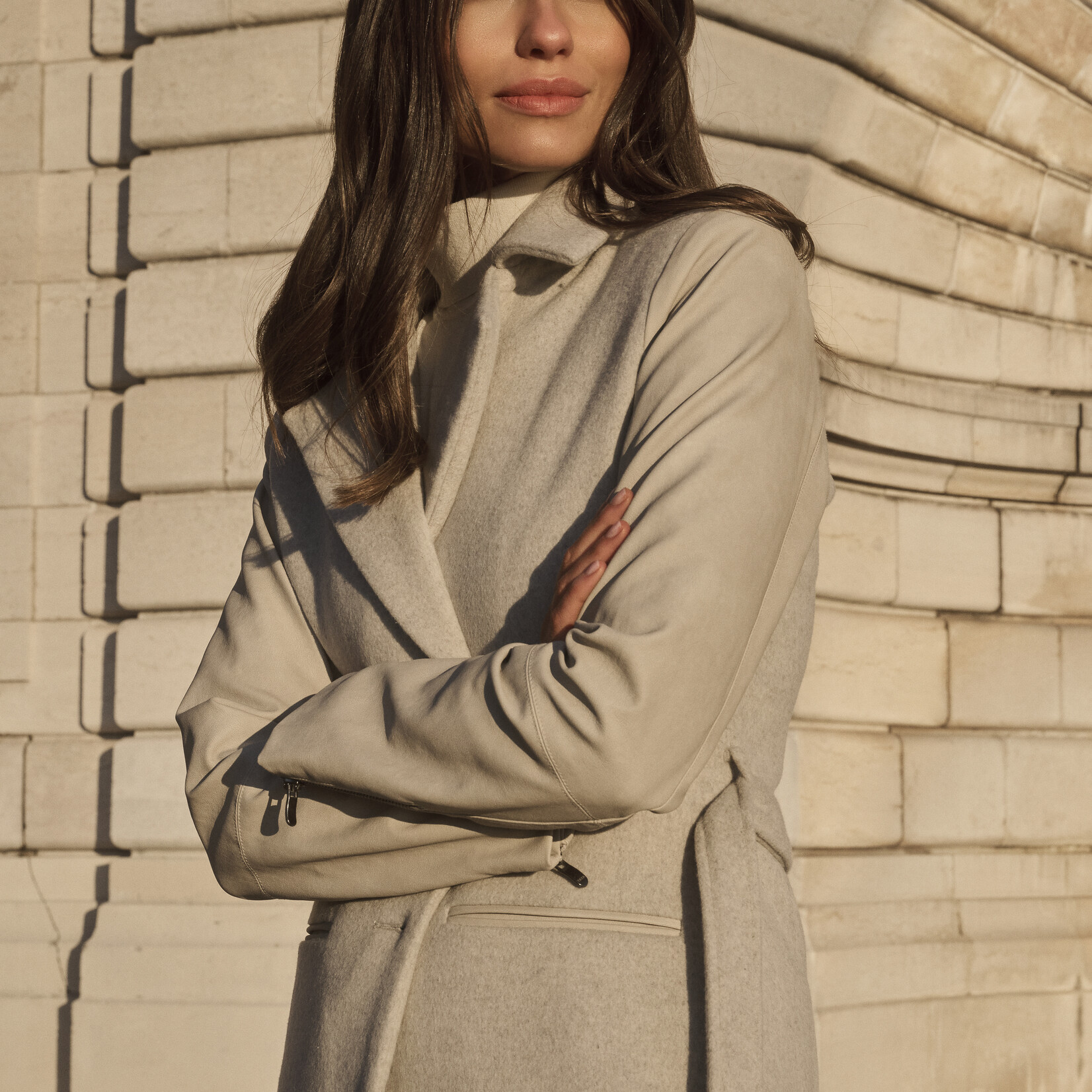 Yaya Manteau long en laine et cuir - Dove gray