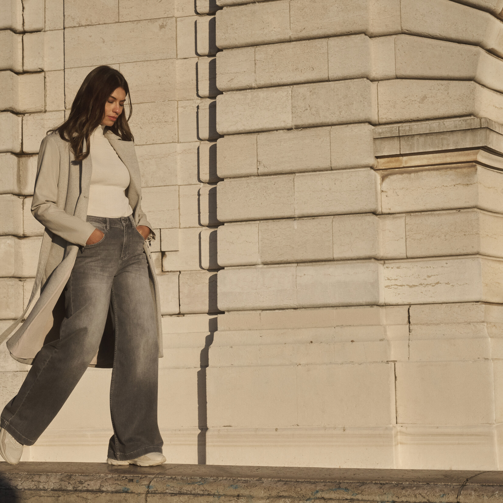 Yaya Manteau long en laine et cuir - Dove gray