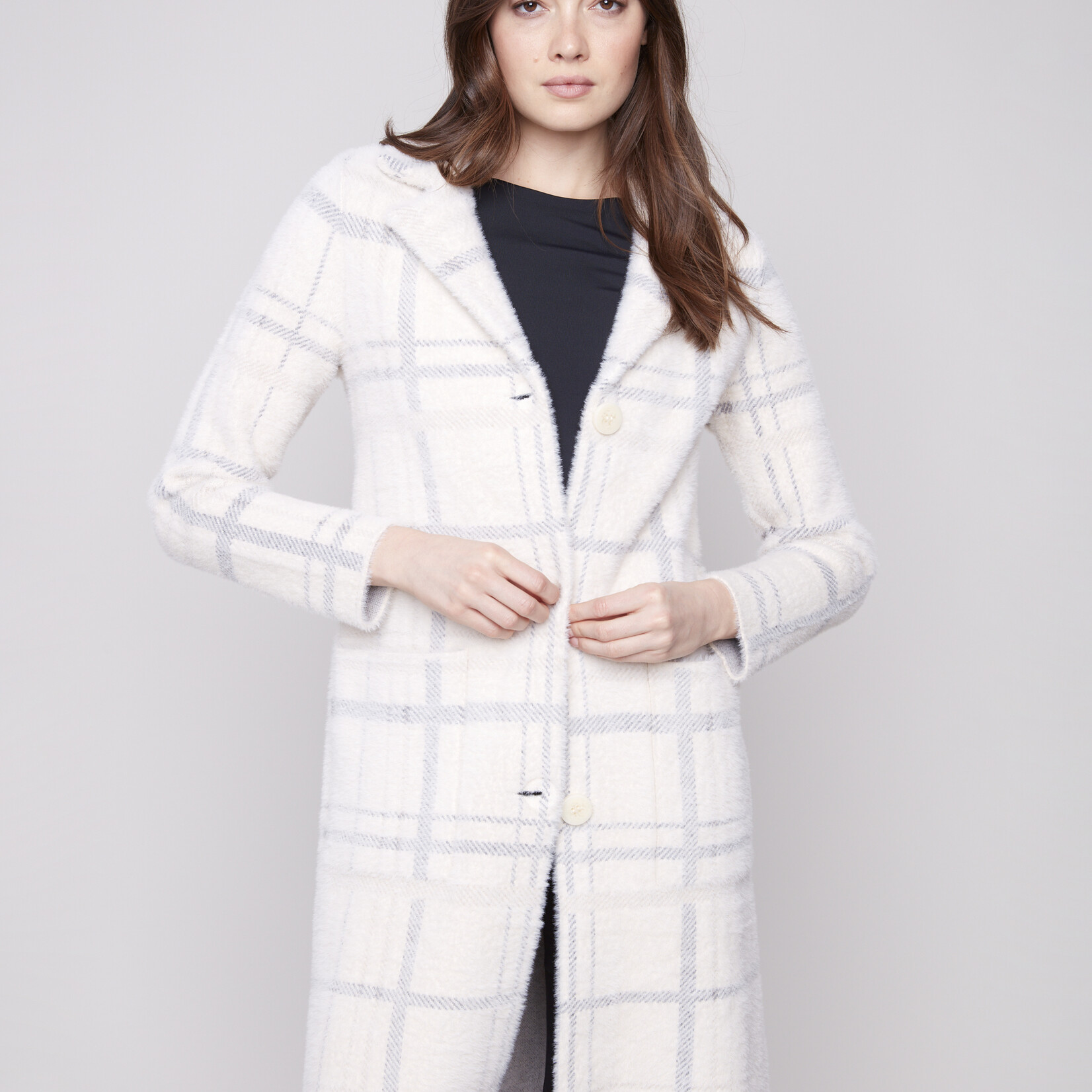 Charlie B Coatigan C6326 a Carreaux Avec Poches- Écru