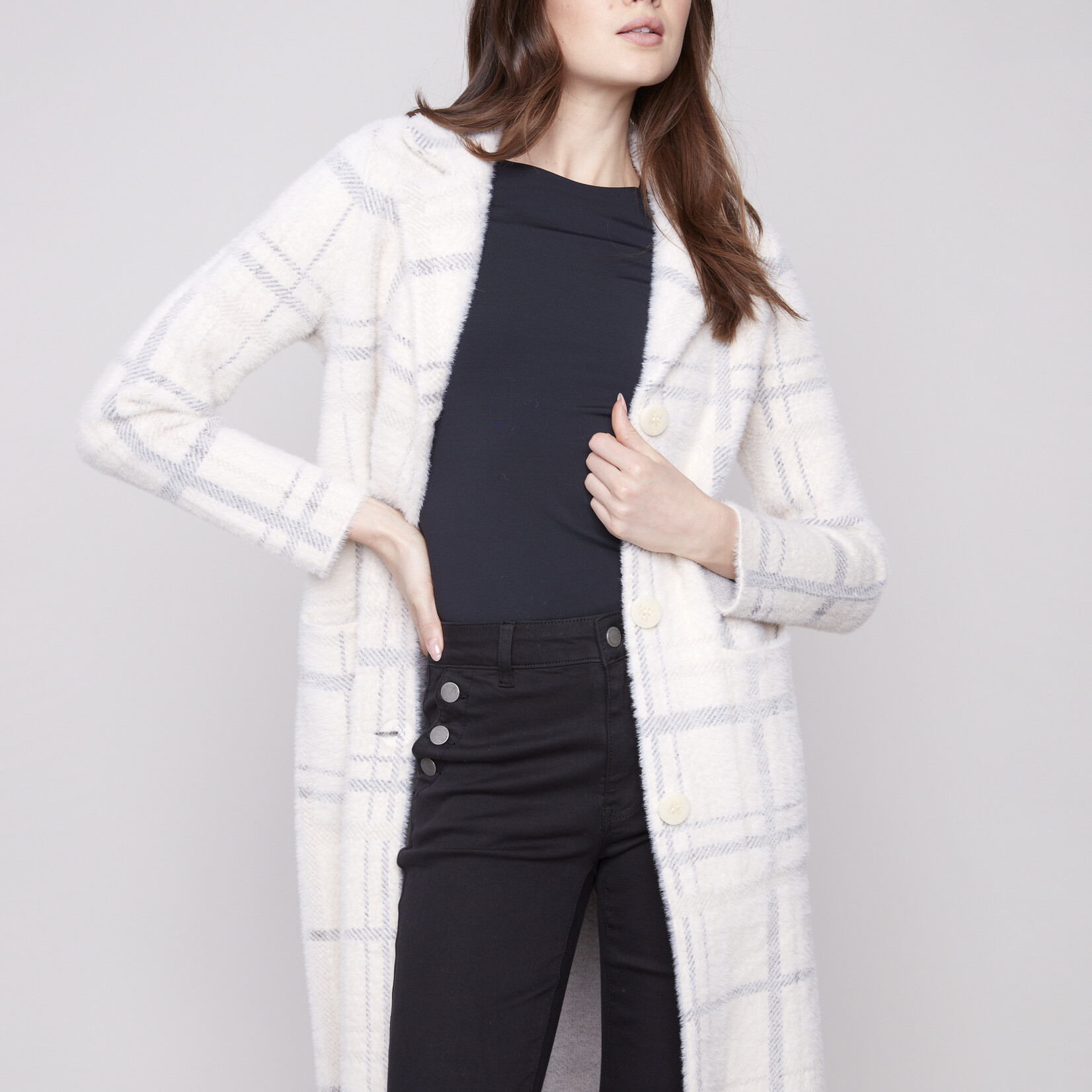 Charlie B Coatigan C6326 a Carreaux Avec Poches- Écru