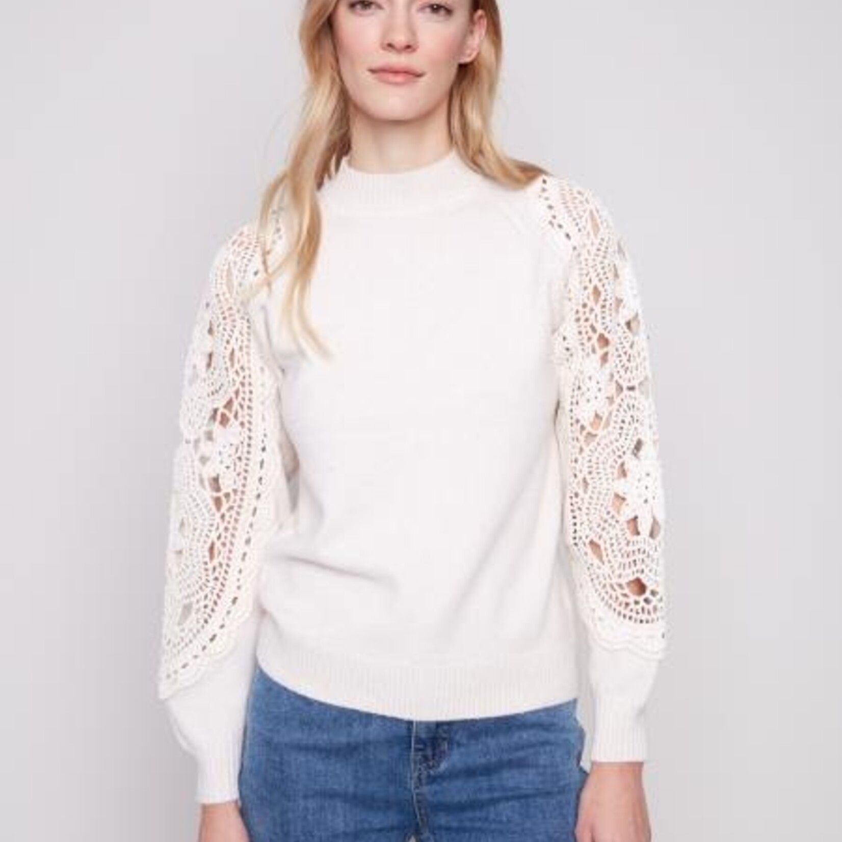 Charlie B Sweater C2865 à manches en crochet et col rond - Ecru