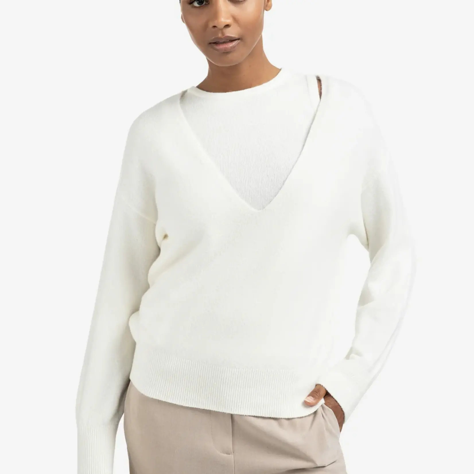 Yaya Pull à col en V profond avec haut - Off white knit