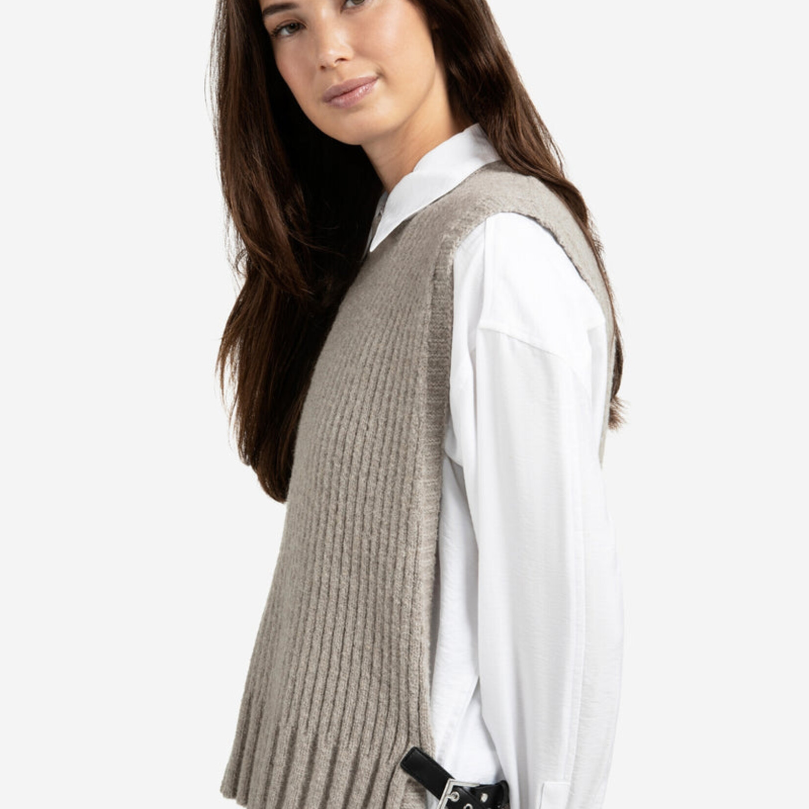 Yaya Top en maille côtelée avec détails - Brownish Grey