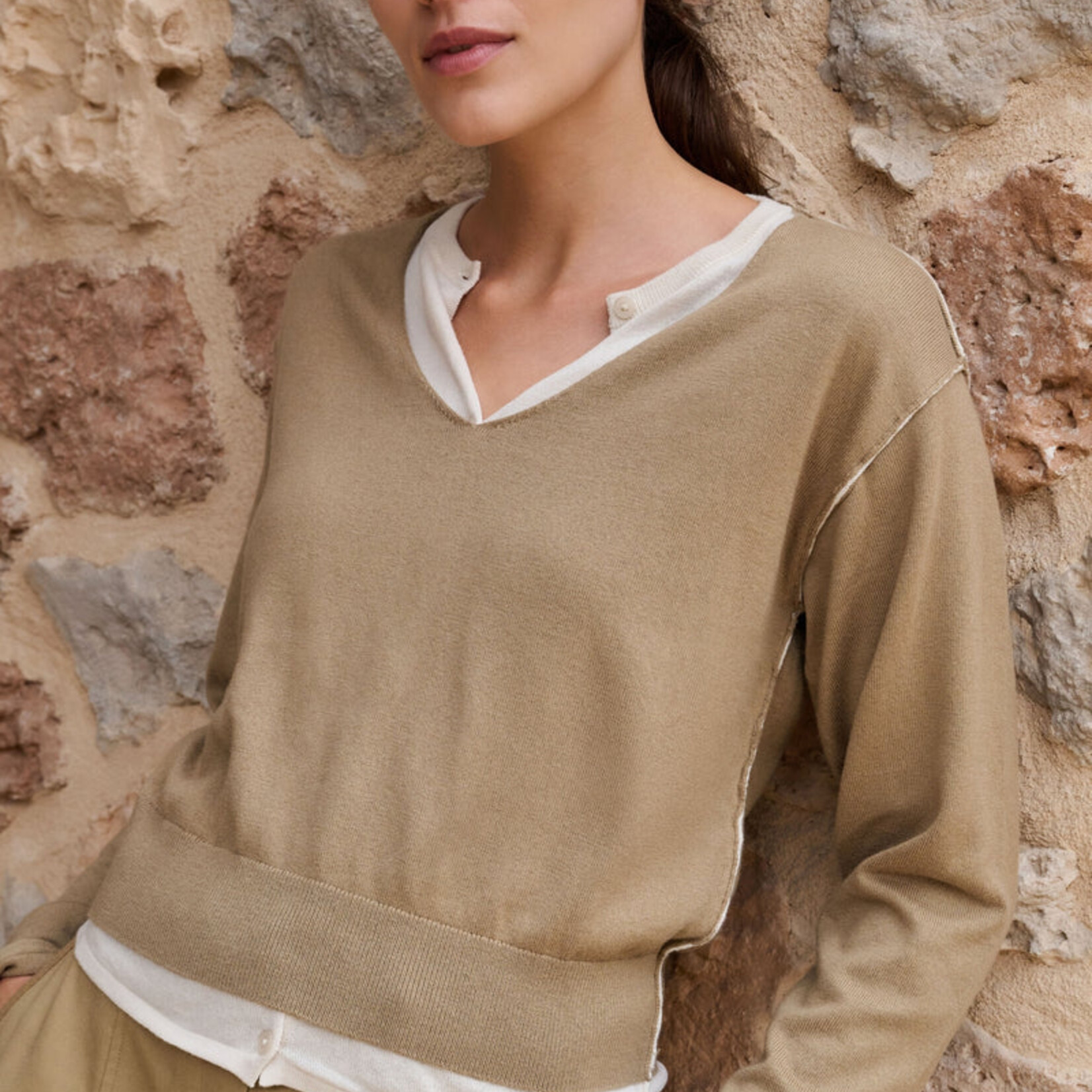 Yaya Chandail double épaisseur avec bouton - Khaki Green