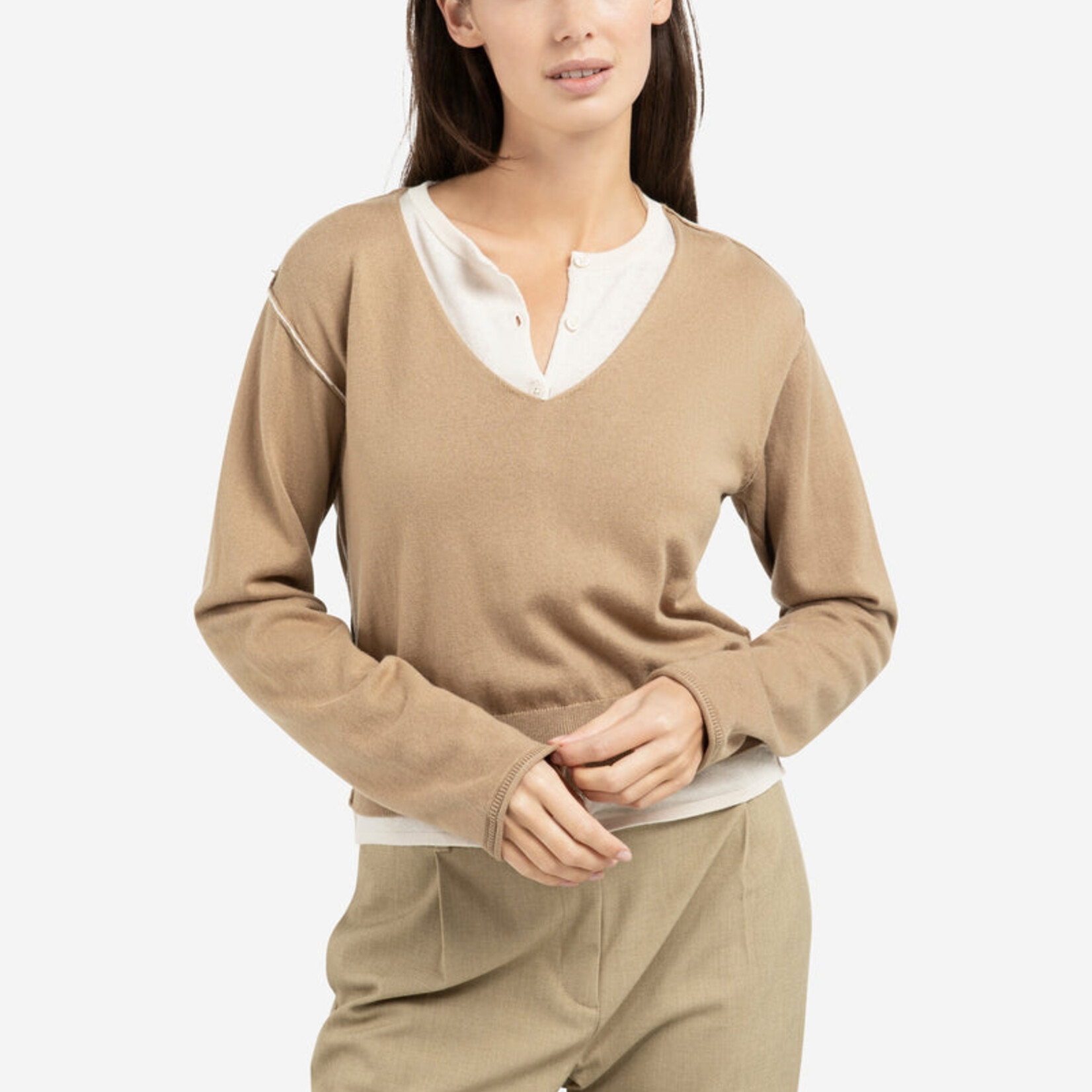 Yaya Chandail double épaisseur avec bouton - Khaki Green