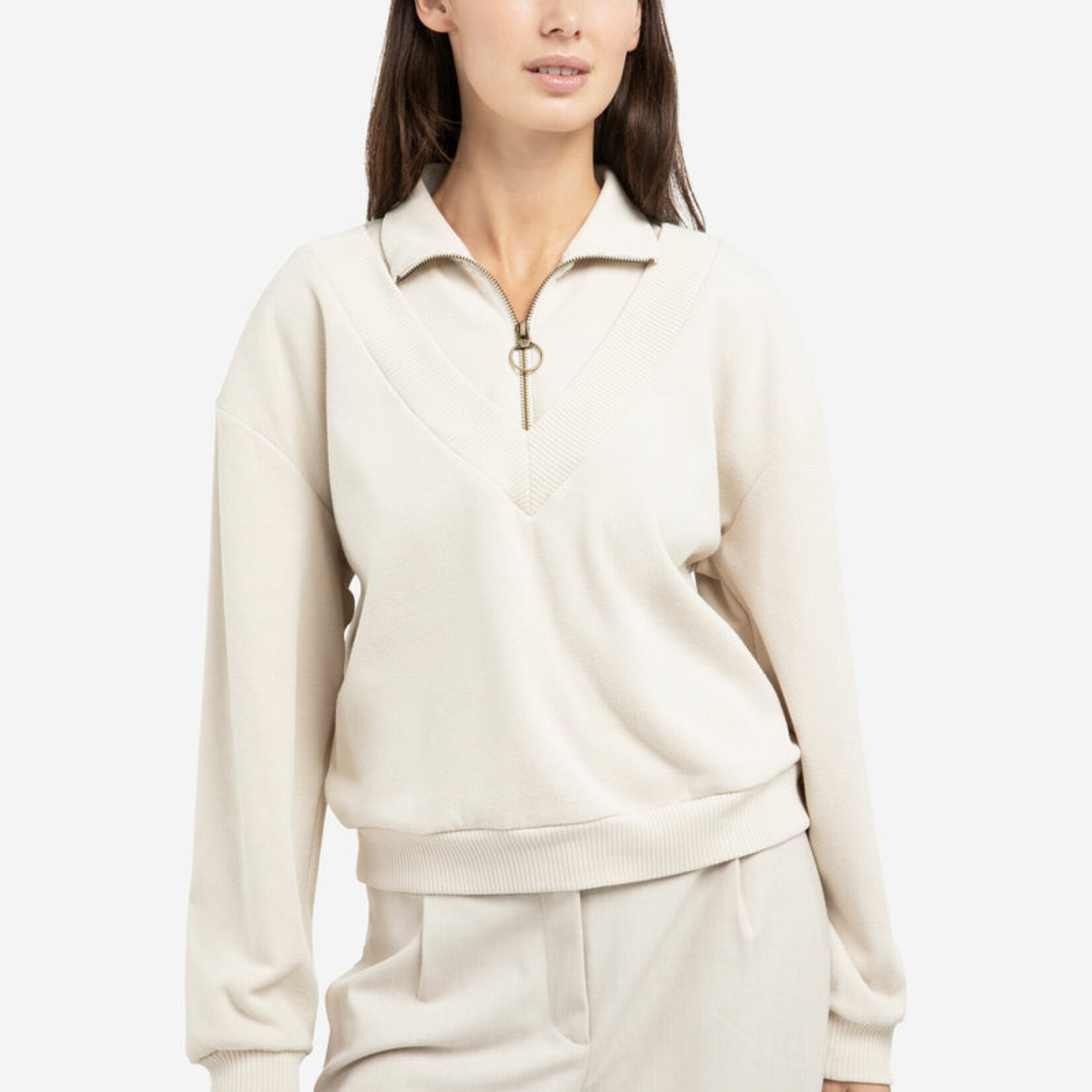 Yaya Sweatshirt double épaisseur avec demi zip - Kit Beige