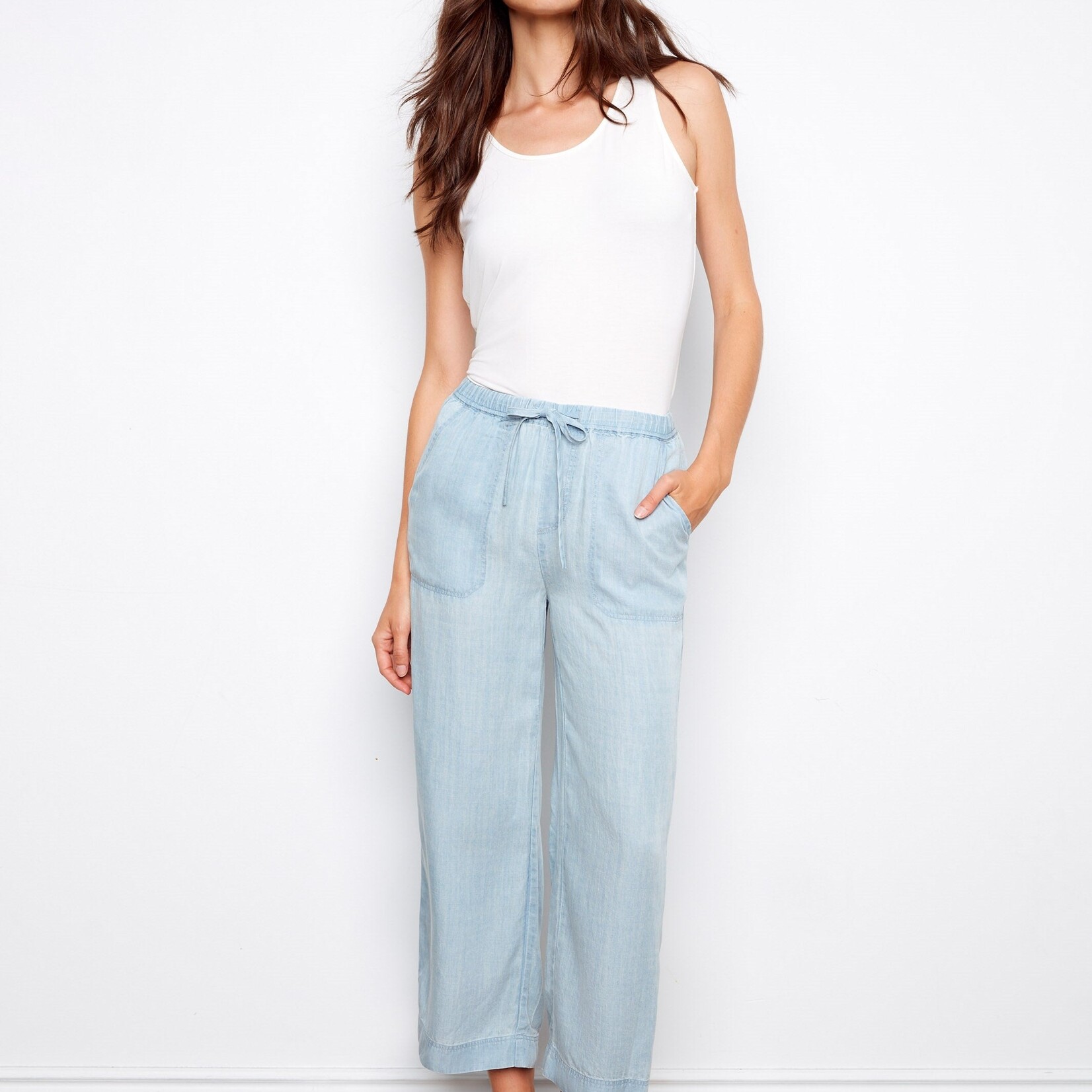 Charlie B Pantalon C5768  large en tencel - Bleu pale
