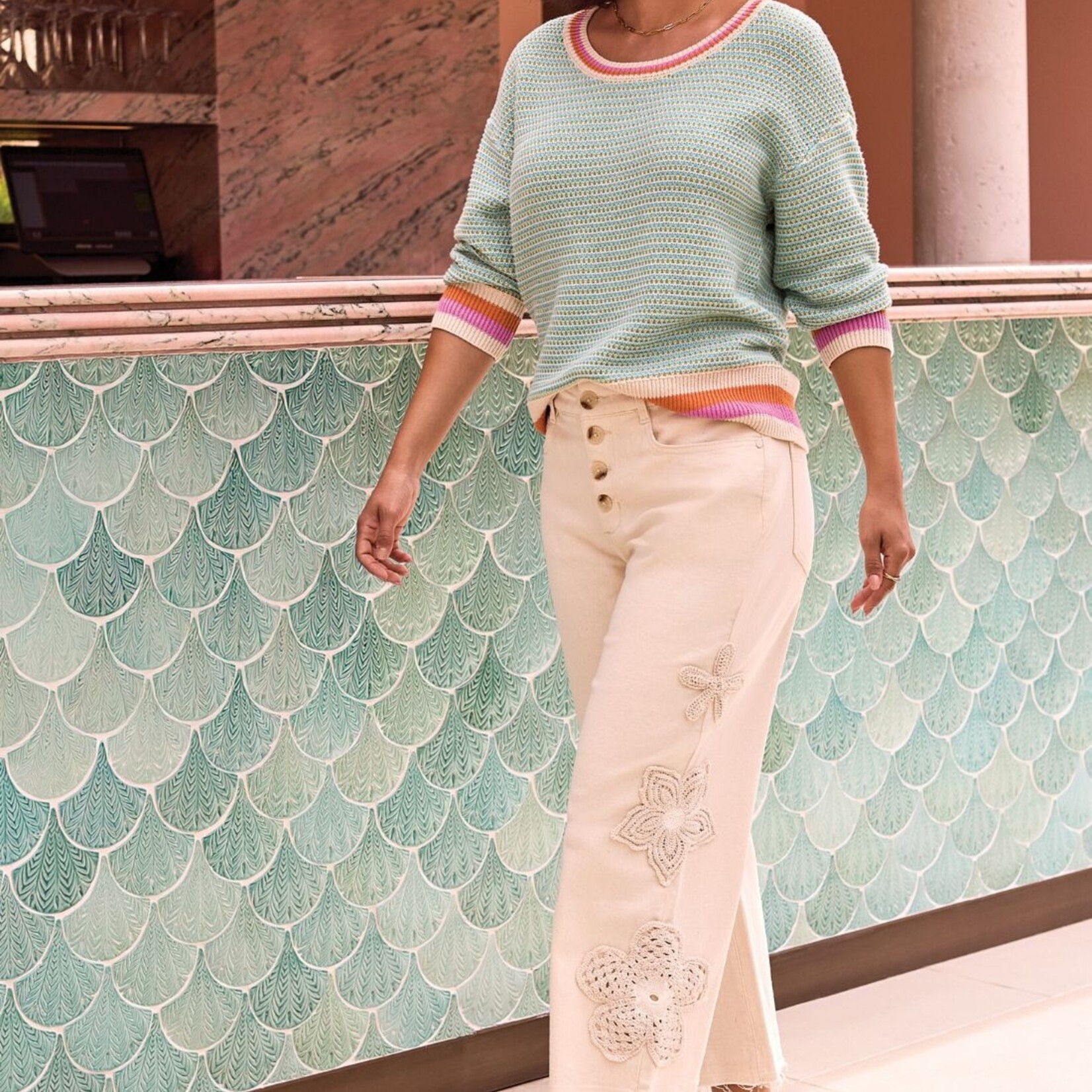 Pull 24610/576 à col rond en coton rayé - Mintleaf