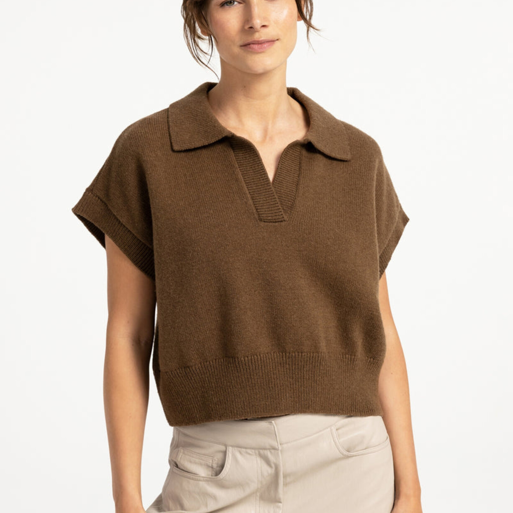 Yaya Pull sans manche avec col - Teak brown
