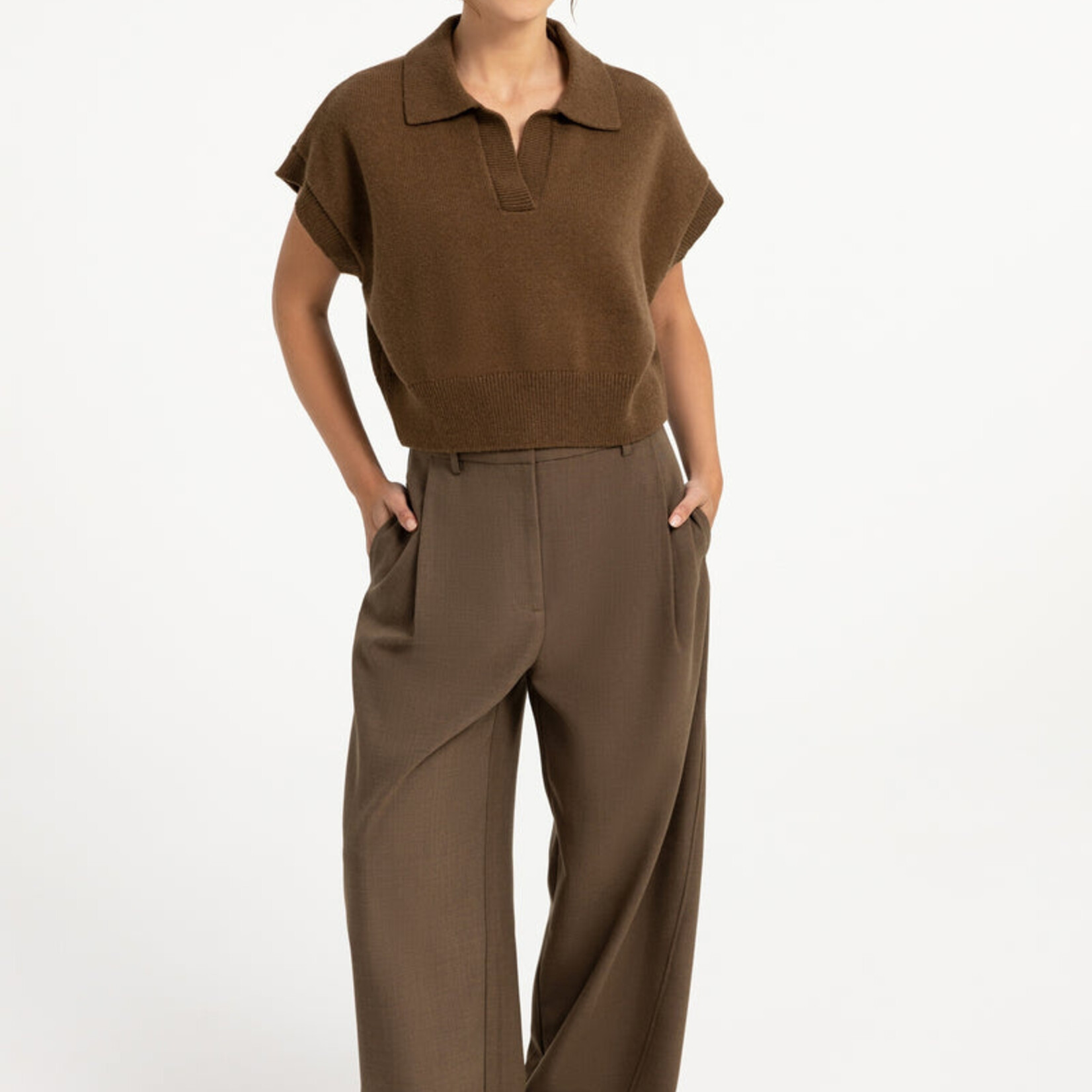 Yaya Pull sans manche avec col - Teak brown
