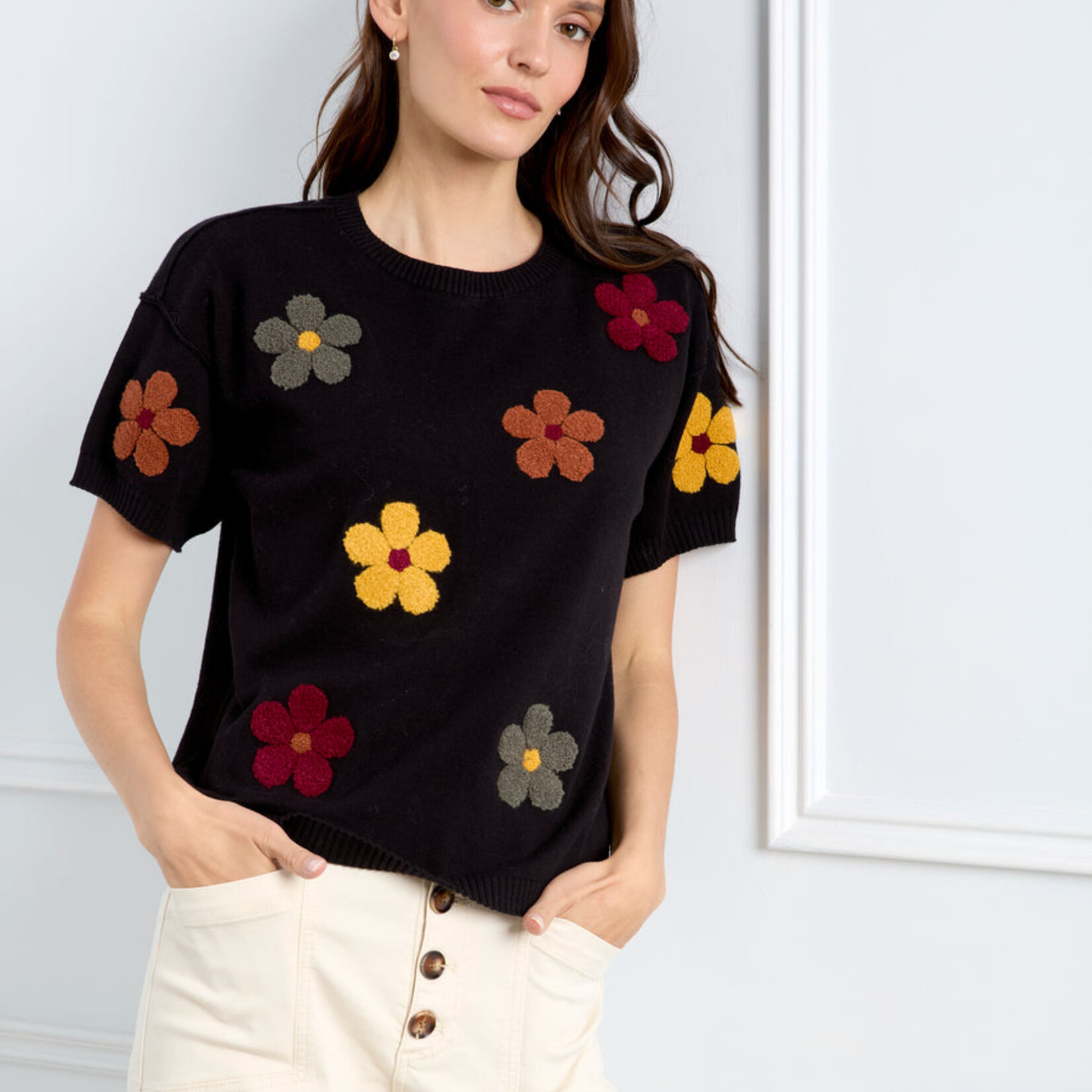 Charlie B Top C2947E broderie fleur - Noir