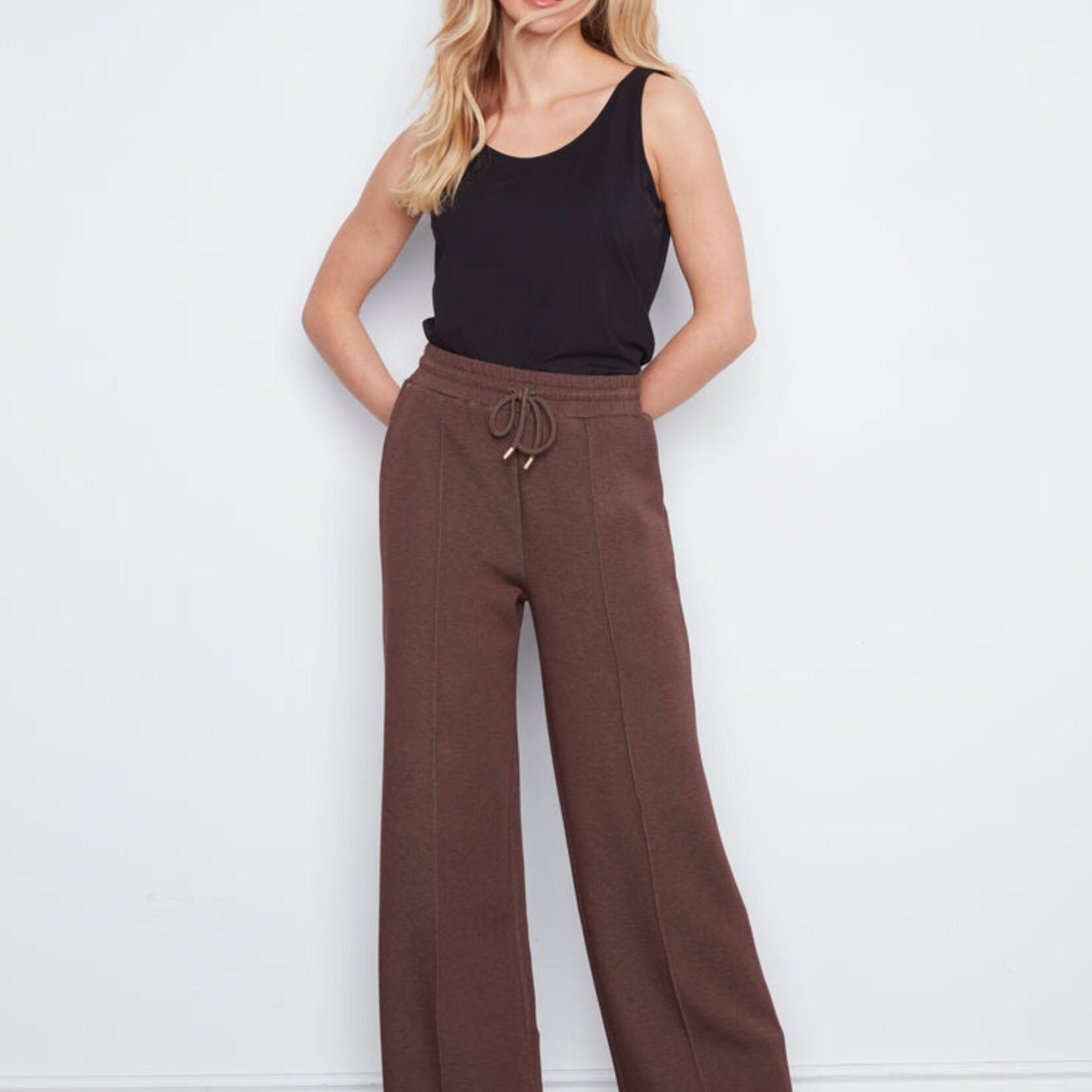 Charlie B Pantalon C5818 jambre large et taille élastique - Espresso Chiné