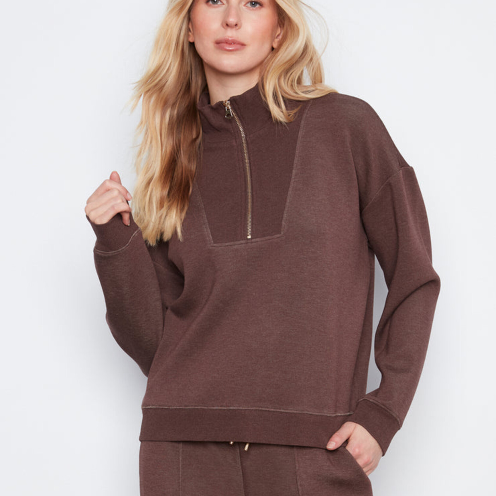 Charlie B Chandail C1454 demi-zip - Espresso chiné