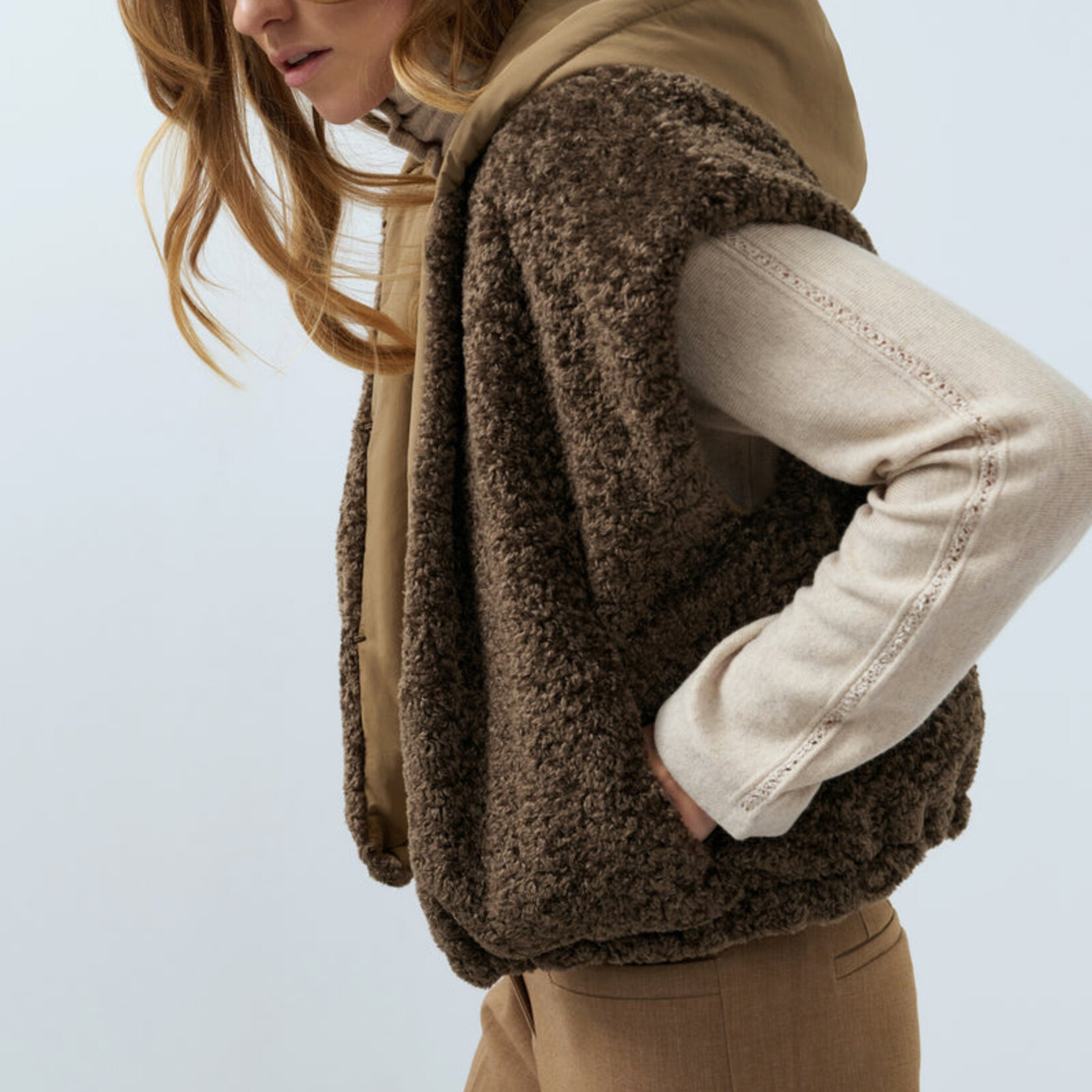 Yaya Veste fausse fourrure avec nylon reversible - Slate black