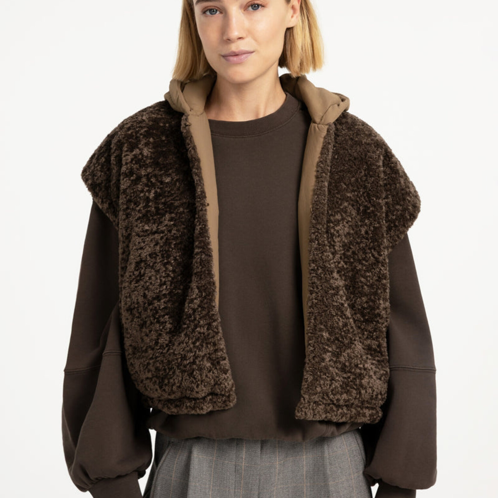 Yaya Veste fausse fourrure avec nylon reversible - Slate black
