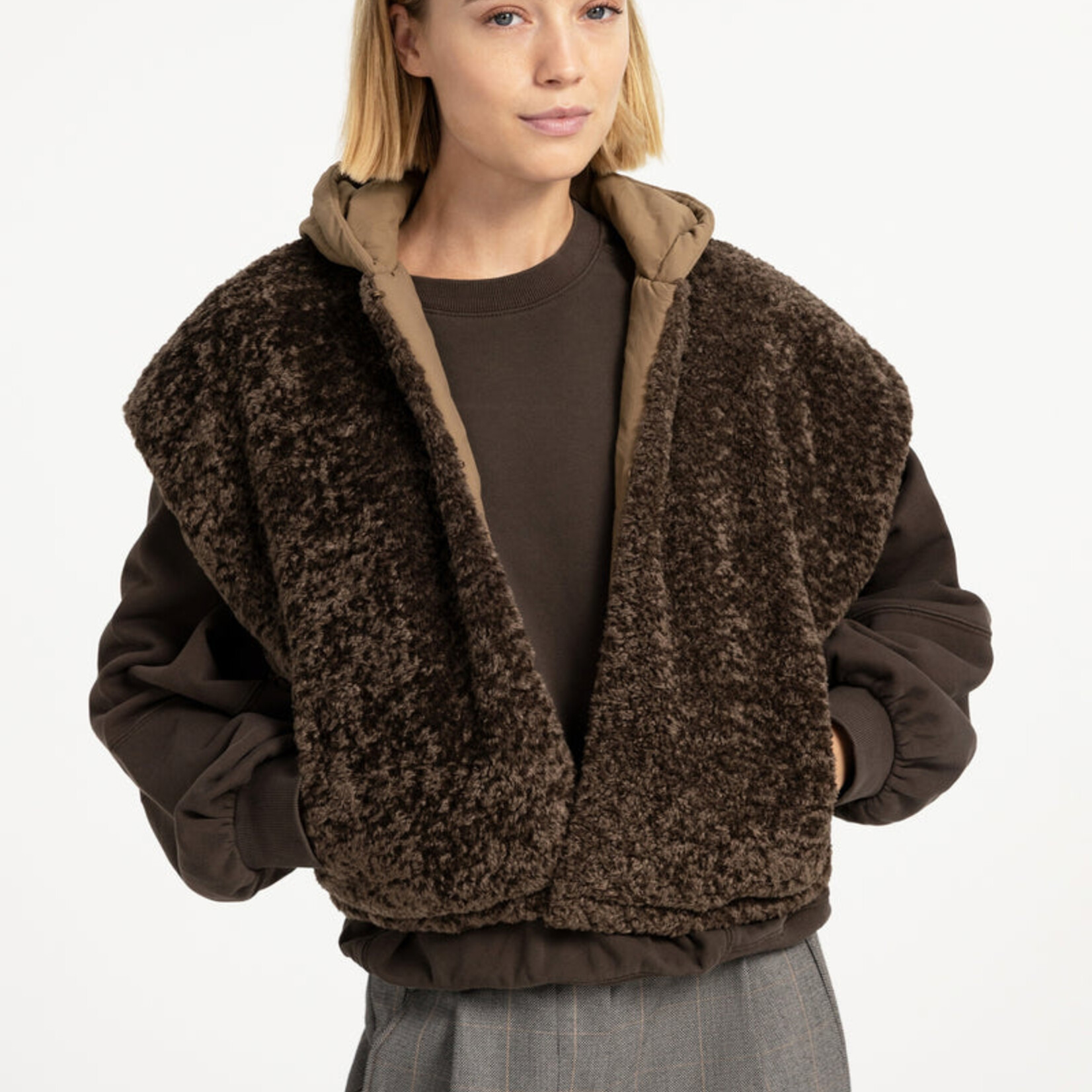 Yaya Veste fausse fourrure avec nylon reversible - Slate black