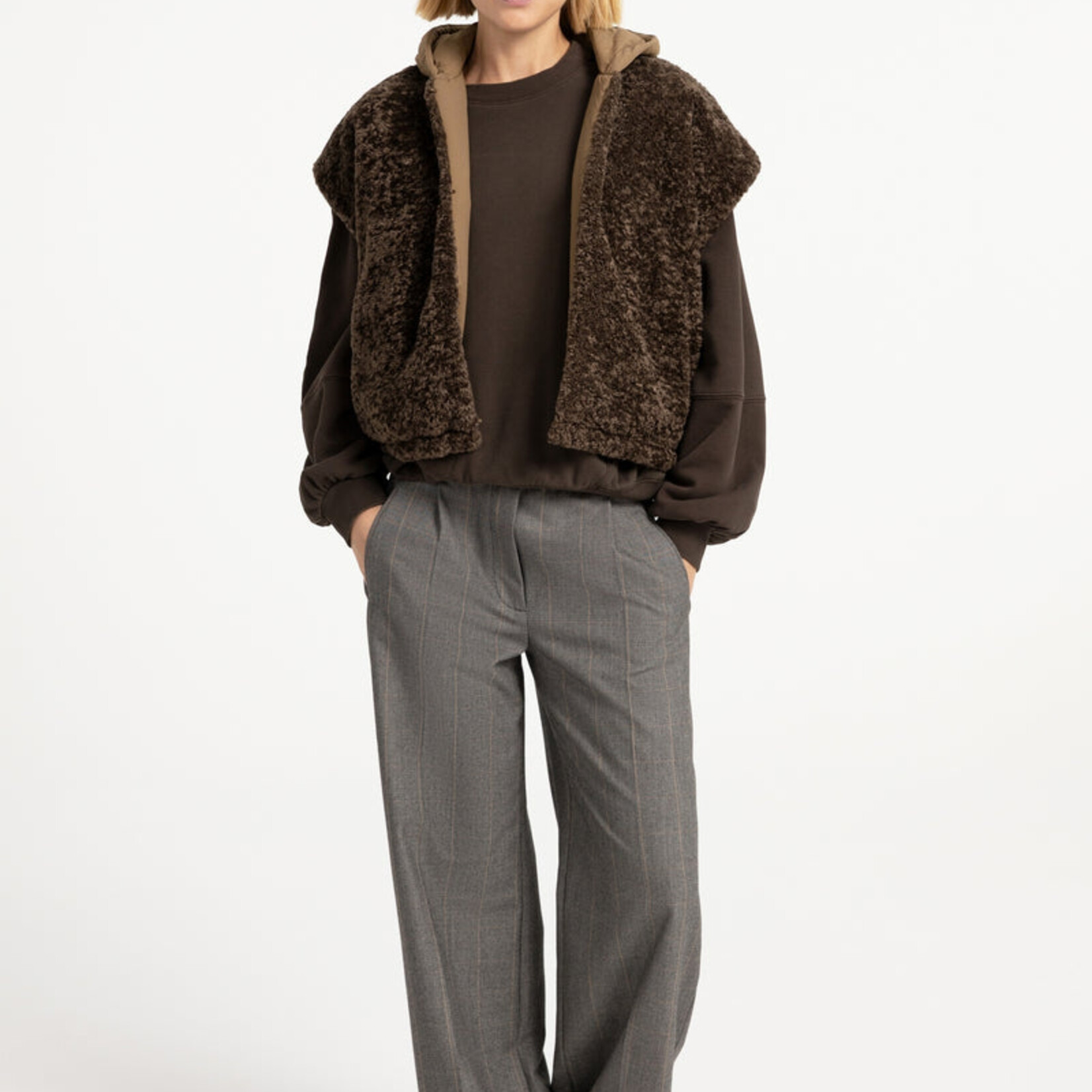 Yaya Veste fausse fourrure avec nylon reversible - Slate black