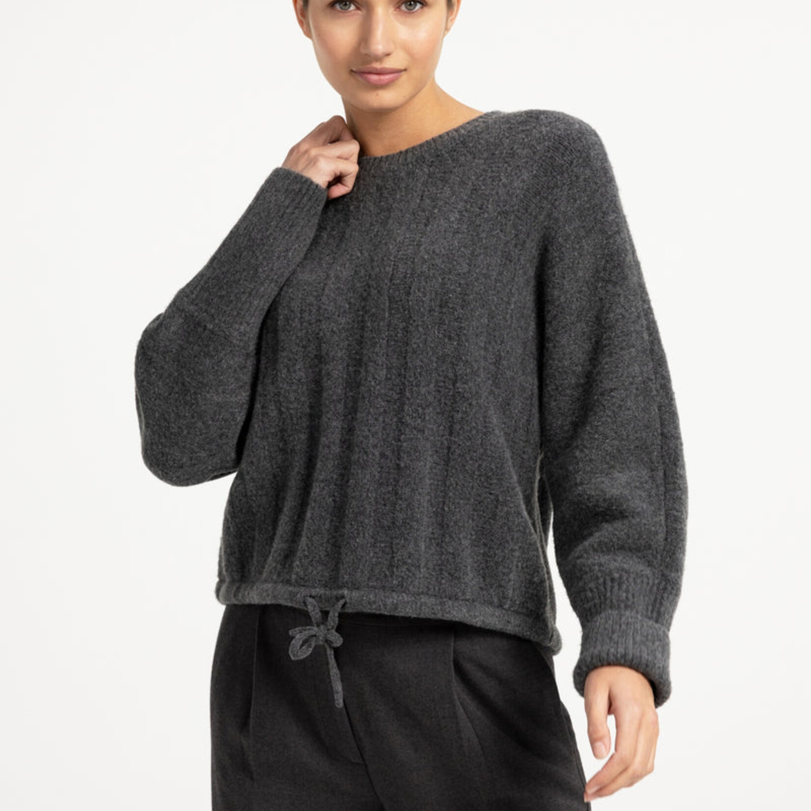Yaya Pull  en maille côtelée avec cordon - Grey melange