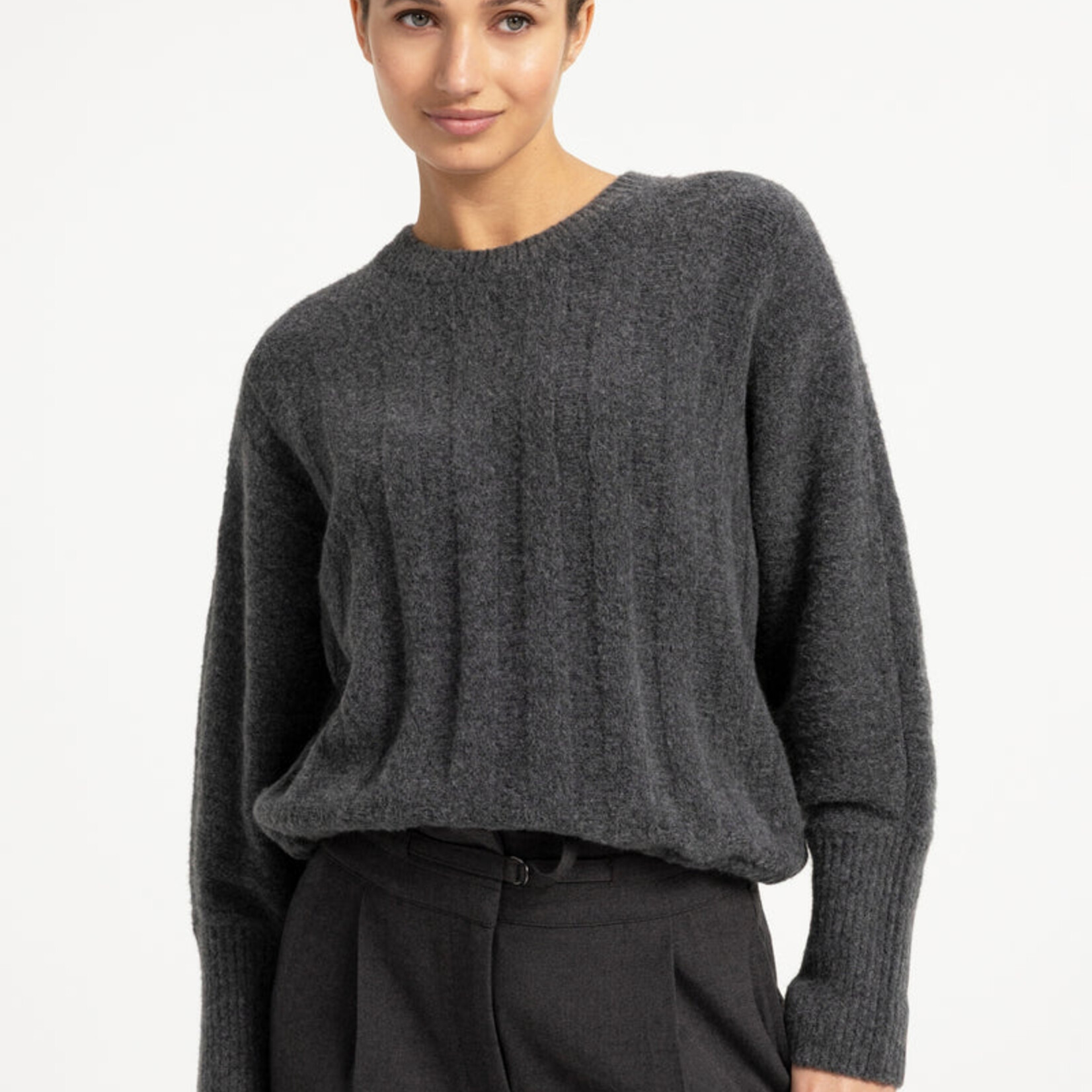 Yaya Pull  en maille côtelée avec cordon - Grey melange