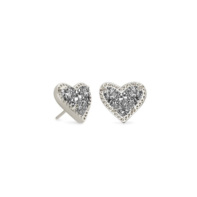 Ari Heart Silver Stud Earrings in Platinum Drusy