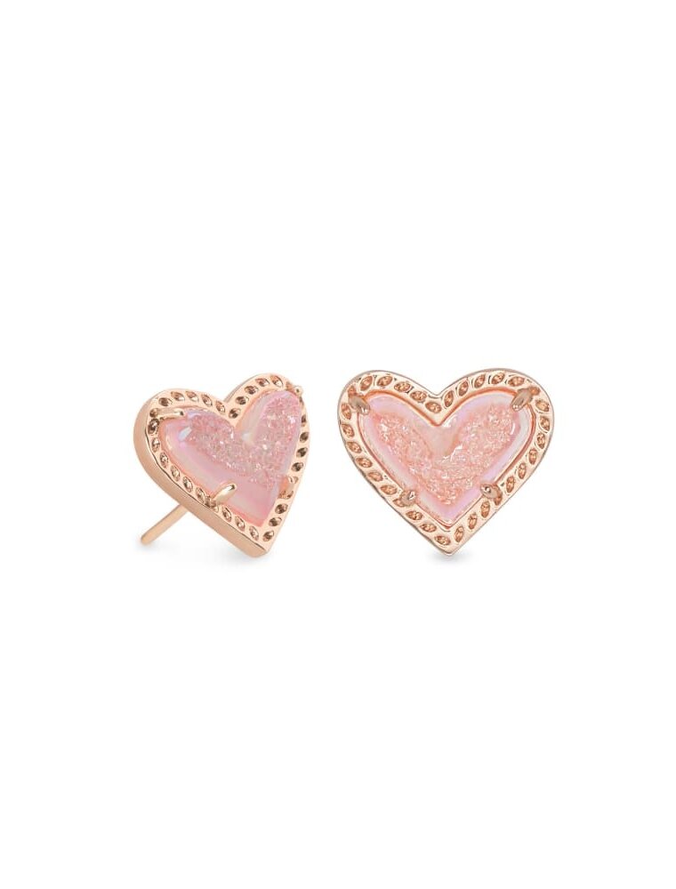 KENDRA SCOTT DESIGN Ari Heart Rose Gold Stud Earrings in Light Pink Drusy