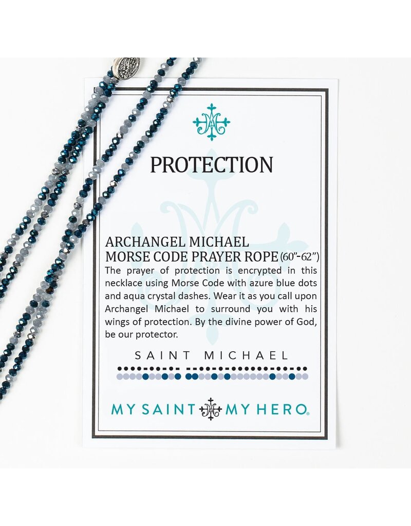 MY SAINT MY HERO Protection Archangel Michael Prayer Morse Code Rope Necklace - Silver/Blue