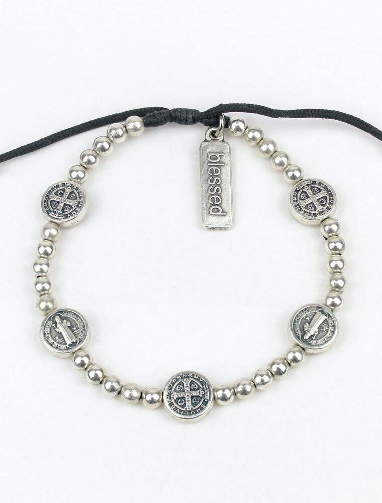 MY SAINT MY HERO Benedictine Birthday Blessing Bracelet - Black/Silver