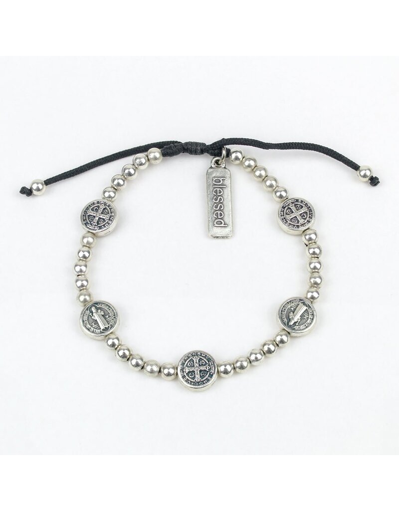 MY SAINT MY HERO Benedictine Birthday Blessing Bracelet - Black/Silver