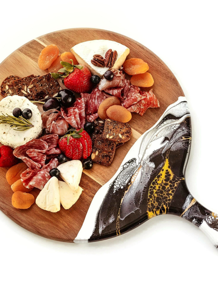 LYNN & LIANA SERVEWARE Round Acacia Cheese Paddle in Black & Gold