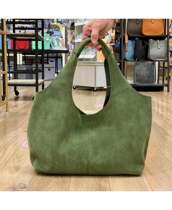 Vegan Suede Hobo Tote & Inner Pouch Without Strap - Army Green (Gold Hardware)