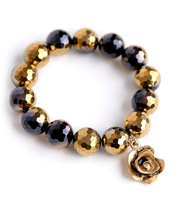 Gold Artisan Flower Bracelet in Faceted Starry Night Agate