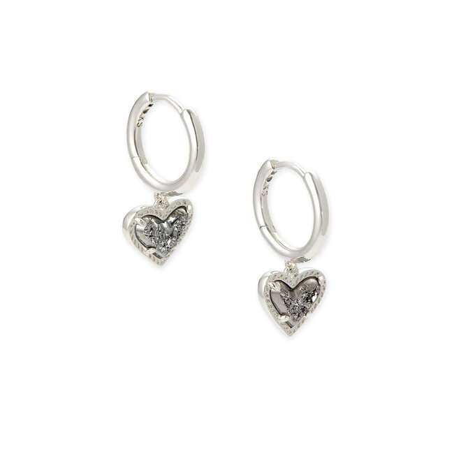 Ari Heart Silver Huggie Earrings in Platinum Drusy