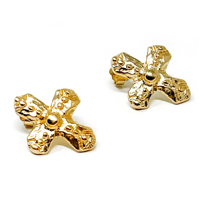 Brushed Gold Beaded Cross Stud Earrings