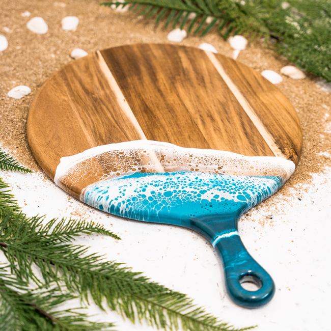 Round Acacia Cheese Paddle in Ocean Vibes