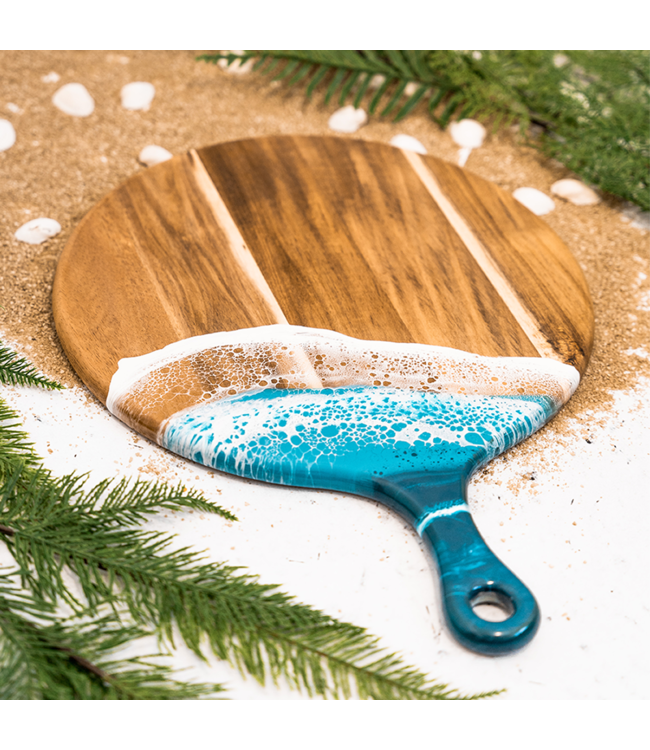 Round Acacia Cheese Paddle in Ocean Vibes