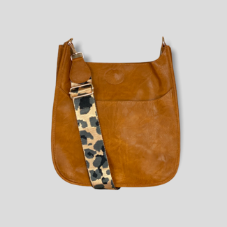 AHDORNED Classic Vegan Leather Messenger Bag With Leopard Print Strap - Camel (Gold Hardware)