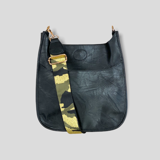 AHDORNED Classic Vegan Leather Messenger Bag With Camouflage Print Strap -  Black (Gold Hardware)