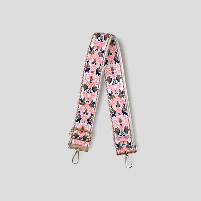 Floral Embroidered Bag Strap - Pink/Camel (Gold Hardware)