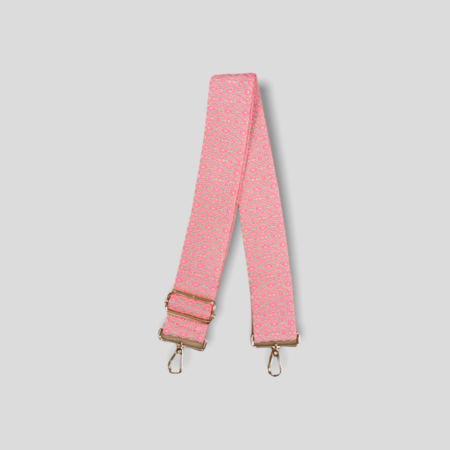 Diamond Embroidered Bag Strap - Cream/Hot Pink (Gold Hardware)